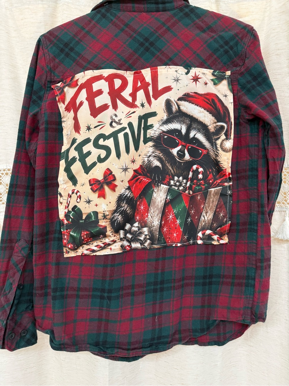 Empyre Red and Green Plaid Button-Down Shirt with Raccoon Holiday Patch